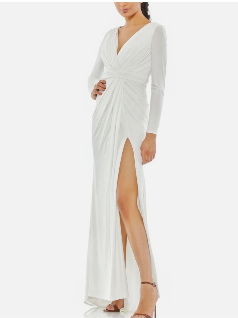 Mac Duggal White V-Neck Long Sleeve High-Slit Gown